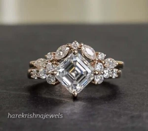 3CT Asscher Cut Lab-Created Diamond Engagement Wedding Ring Set 14K Rose Gold FN - Picture 1 of 6