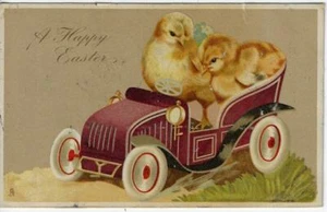 1907 Tuck Easter Series #E118 Happy Easter Postcard 2 Chicks in a Toy Car - Picture 1 of 2