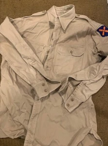 WWII Mens US Army Cotton Khaki Shirt XII Corps Patch Patton’s Spearhead 15-1/2 - Picture 1 of 6