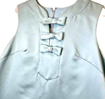 VTG Jackie Kennedy Style Dress Sz 14 Homemade Satiny Aqua Blue Bows Slvless Zip - Image 1 of 4