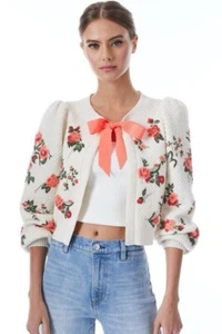 Alice + Olivia Kitty Floral embroidery puff sleeve Bow cardigan Sweater XS New - Picture 1 of 8