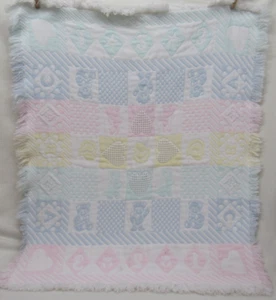 Vtg Woven Baby Blanket ABC 123Blocks Hearts Pastel Fringe - Picture 1 of 5