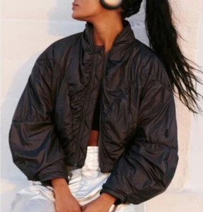 NUEVA Chaqueta Bomber Free People FP Movimiento Negra Glitz Blitz M Mediana Recortada - Imagen 1 de 4