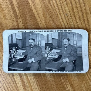 Antike Stereoskopkarte Stereoview R.W. Sears Rehbock Tischtelefon Schnurrbart - Bild 1 von 9