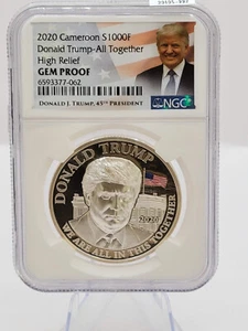 2020 CAMEROON PROOF SILVER DONALD TRUMP NGC GEM PROOF HIGH RELIEF 1 OZ .999 - Picture 1 of 2