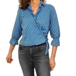 Top envolvente para mujer LRL Ralph Lauren azul coral floral con volantes vintage M - Imagen 1 de 9