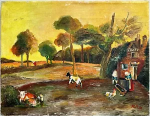 Vintage Ölgemälde auf Leinwand rustikale niederländische Landschaft in gelbem einheimischen Stil - Bild 1 von 10