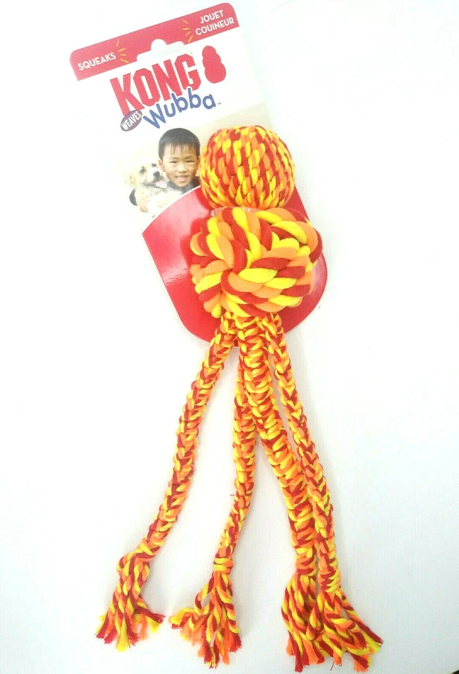 Kong Wubba Weaves w/Rope Large Red Orange Yellow Dog Tug Chew Toy