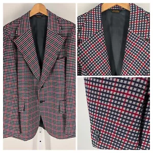 Vintage 60s 70s Mod Disco Plaid Red Windowpane Knit Blazer Jacket 42 USA Op Art - Picture 1 of 7