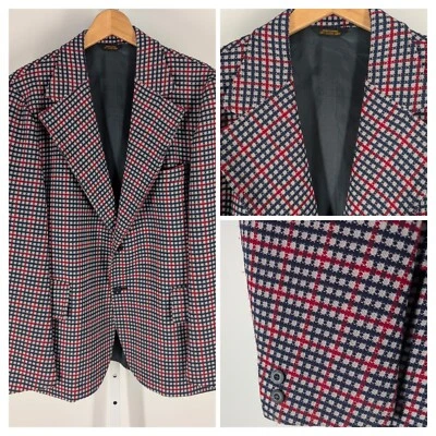Chaqueta Blazer Vintage Años 60 70 Mod Disco Cuadros Rojo Ventana Tejida 42 EE. UU. Op Art Foto 1 de 4