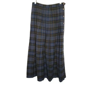 Womens Pleated Wool Plaid Skirt Sz 10* SEE Blue Black Brown Midi Preppy Modest - Picture 1 of 5