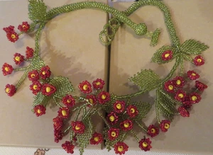 Hand Crafted Glass Seed Bead Red/Yellow Flower Necklace by Kim Erixon - Picture 1 of 20