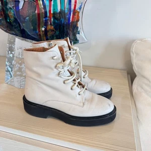 Aquatalia Mariola Women Boots Combat Weatherproof Leather Zipper 7.5 Off White - Picture 1 of 8