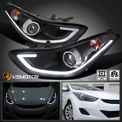 Black Fit 2011-2013 Hyundai Elantra 4Dr LED Tube Projector Headlights Lamp LH+RH Foto 1 de 4