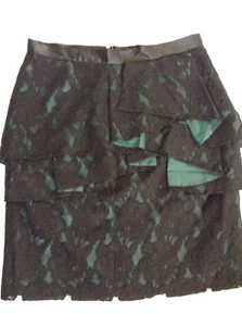 MarksandSpencer PERUNA sz16 BlackLace Covered DkGreen Skirt FrontLayered Ruffle - Picture 1 of 7