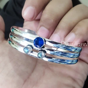 Blue Fire Labradorite & Tanzanite Gemstone 925 Sterling Silver Big Cuff Bracelet - Picture 1 of 8