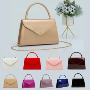 Women Patent Leather Elegant Hand Bag Trapezium Single Top Handle Evening Event - Picture 1 of 15