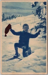 Vintage 1915 NORWAY Skiing Greetings Postcard Boy on Skis, Waiting for Applause - Picture 1 of 2