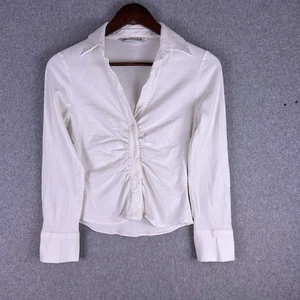 Zara Shirt Women XS White Linen Blend Ruched Slim Fit Stretch Button Up Y2K - Picture 1 of 8