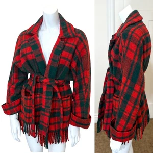Vintage 60’s SCOTTISH WOOL PLAID FRINGE JACKET M Blanket Coat Tartan Edinburgh - Picture 1 of 8