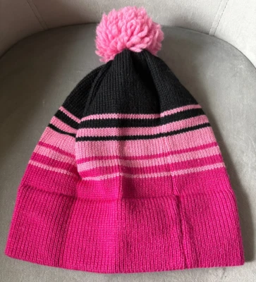 Sombrero gorro vintage Vermont Originals 100 % lana rosa y negro a rayas pompón Foto 1 de 4