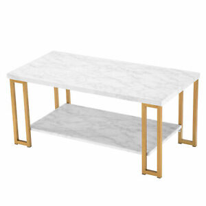 40" x20" Simple Living Room Coffee Table w/ White Faux-Marble Top &Gold Base 