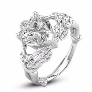 Women White Sapphire Heart Rings 925 Silver Wedding Skull Hand Jewelry Size 6-10