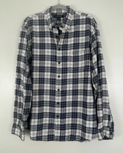 Lands End Flannel Shirt Blue Ivory Plaid Flagship Traditional Mens XL 17 17.5 - Picture 1 of 4