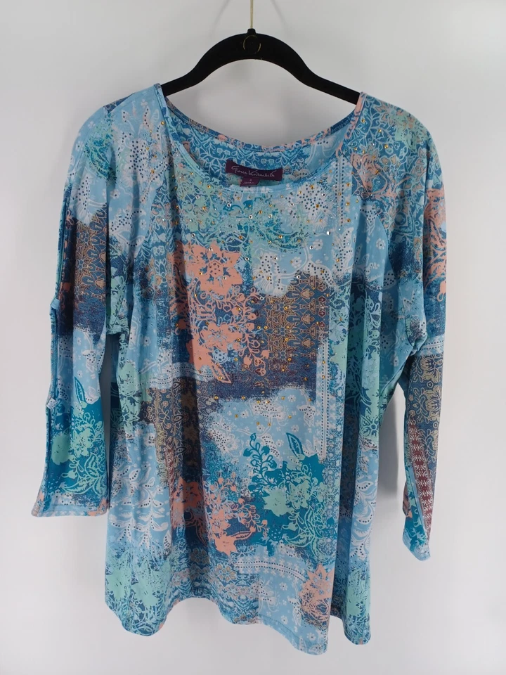 Blusa para mujer Gloria Vanderbilt pequeña azul gemas pedrería manga 3/4 moda Foto 1 de 4