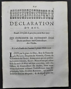 [RECHT Altes Regime] KÖNIGSERKLÄRUNG Zahlung an den Ölkontrolleur 1707 - Bild 1 von 1