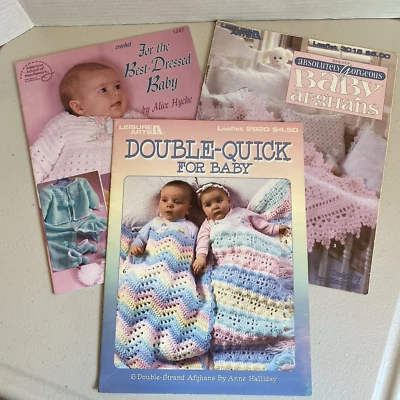 Lot (3) Vintage Baby Crochet Patterns Afghan Blanket Booties Sweater Bonnet - Image 1 of 4