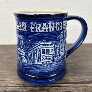 Vintage San Francisco Blau Kaffeebecher 3D Golden Gate Bridge Trolley Souvenir Japan - Bild 1 von 22