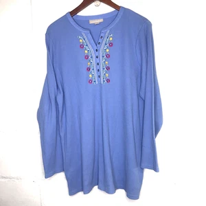 Woman Within Top Womens 1X 22 24 Blue Floral Embroidered Waffle Knit Henley - Picture 1 of 6