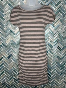 SUNDRY GRAY STRIPED RUCHED SIDES SHORT SLEEVE KNIT STRETCH T-SHIRT DRESS SM 1 - Picture 1 of 11