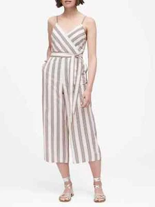 Banana Republic Jumpsuit Romper Linen Cotton White Pink Cropped Women Size 4 - Picture 1 of 5