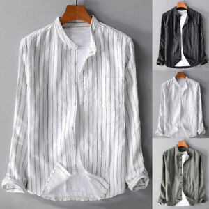 Men Long Sleeve Retro Striped Shirt Collarless Grandad Casual Dress Shirts Tops〕