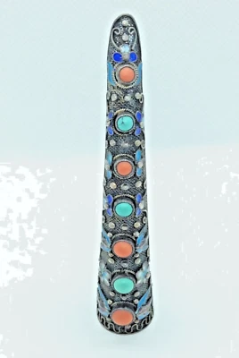 Antiguo broche protector de uñas de dedo esmalte plateado exportación china coral turquesa Foto 1 de 4