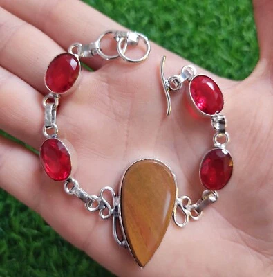 Pulsera de piedras preciosas hecha a mano de mookaita y rubí de plata de ley 925 Foto 1 de 3