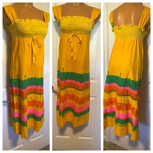 VTG 60s LIBERTY HOUSE OF HAWAII YELLOW W/ ABSTRACT PRINT MAXI SUNDRESS SZ S-M - Picture 1 of 11