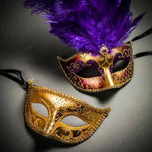 Gold Glitter Venetian Classic & Gold Mardi Gras Purple Tall Feather Couple Masks - Picture 1 of 5
