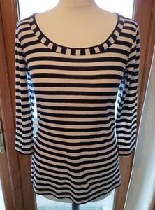 Tesco F&F – ¾ Sleeve T-Shirt – UK 12 – Blue & White Strip – Very Good Condition - Picture 1 of 5
