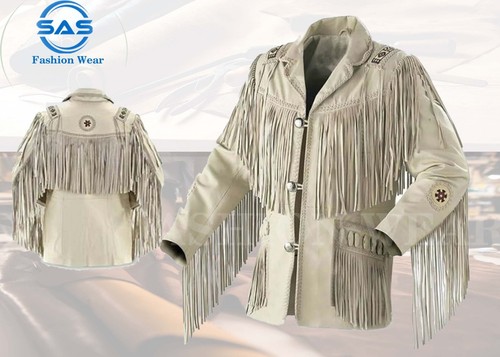 OFF WHITE GIACCA IN PELLE COWBOY WESTERN DA UOMO NATIVA AMERICANA IN PELLE SCAMOSCIATA CON FRANGE PERLINE