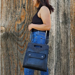 Trinity Ranch Western Cowgirl Purse Floral Tooled Crossbody Bag Black - Picture 1 of 6
