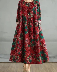 ❣️romantisches rot Blüten Muster grün Kleid Taschen Leinen XL 42 XXL 44 floral - Bild 1 von 7