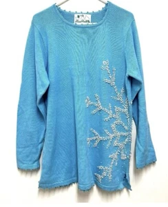 Quacker Factory Winter/ Christmas Blue with White Beaded Snowflake Sweater Sz Sm - Picture 1 of 8