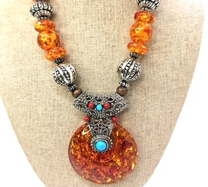 Tibetan Vintage wood metal faux amber necklace large statement - Picture 1 of 3