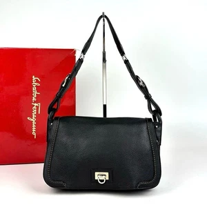 Salvatore Ferragamo Gancini Shoulder Bag Handbag Black Used Gently Authentic JPN - Picture 1 of 10
