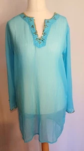 HUGO SAMUEL Ladies beach cover, turquoise & gold sequins size Medium - Picture 1 of 3