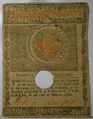 1780 March 18 $7 Dollar State Of Massachusetts  Bay currency Note Very Rare - Image 1 of 2