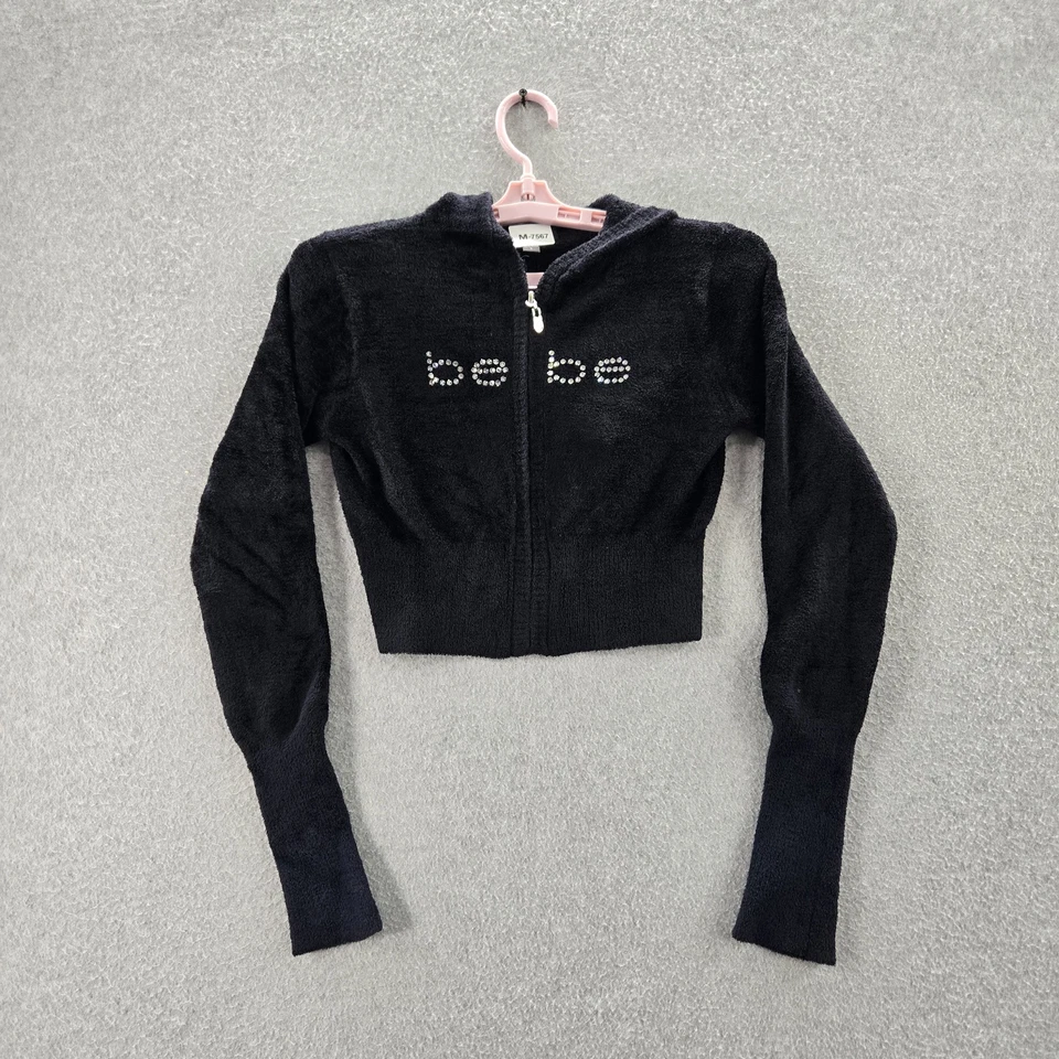 Moletom feminino Bebe vintage L preto nylon elastano recortado strass zíper - Imagem 1 de 4